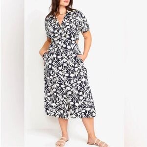 Navy and White Midi Dress w Side Cut Outs